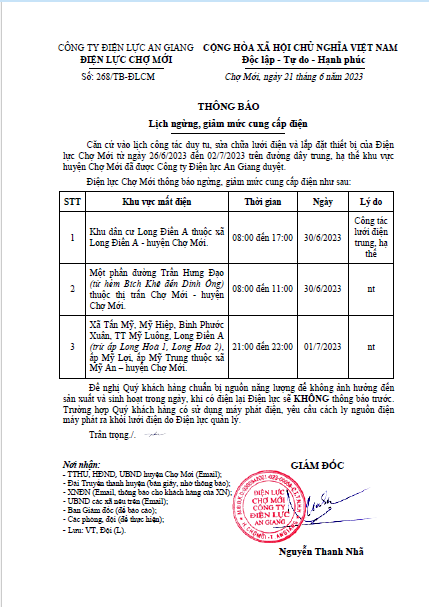 Lịch cắt điện ngày 30/6/2023