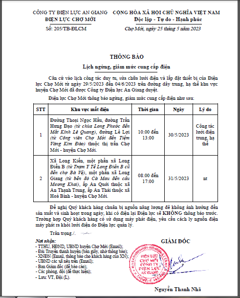 Lịch cắt điện ngày 30/5/2023
