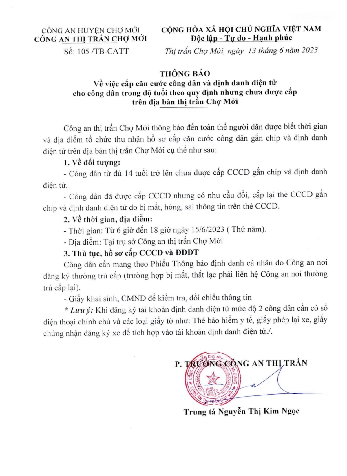 Thông báo làm CCCD và Định danh điện tử