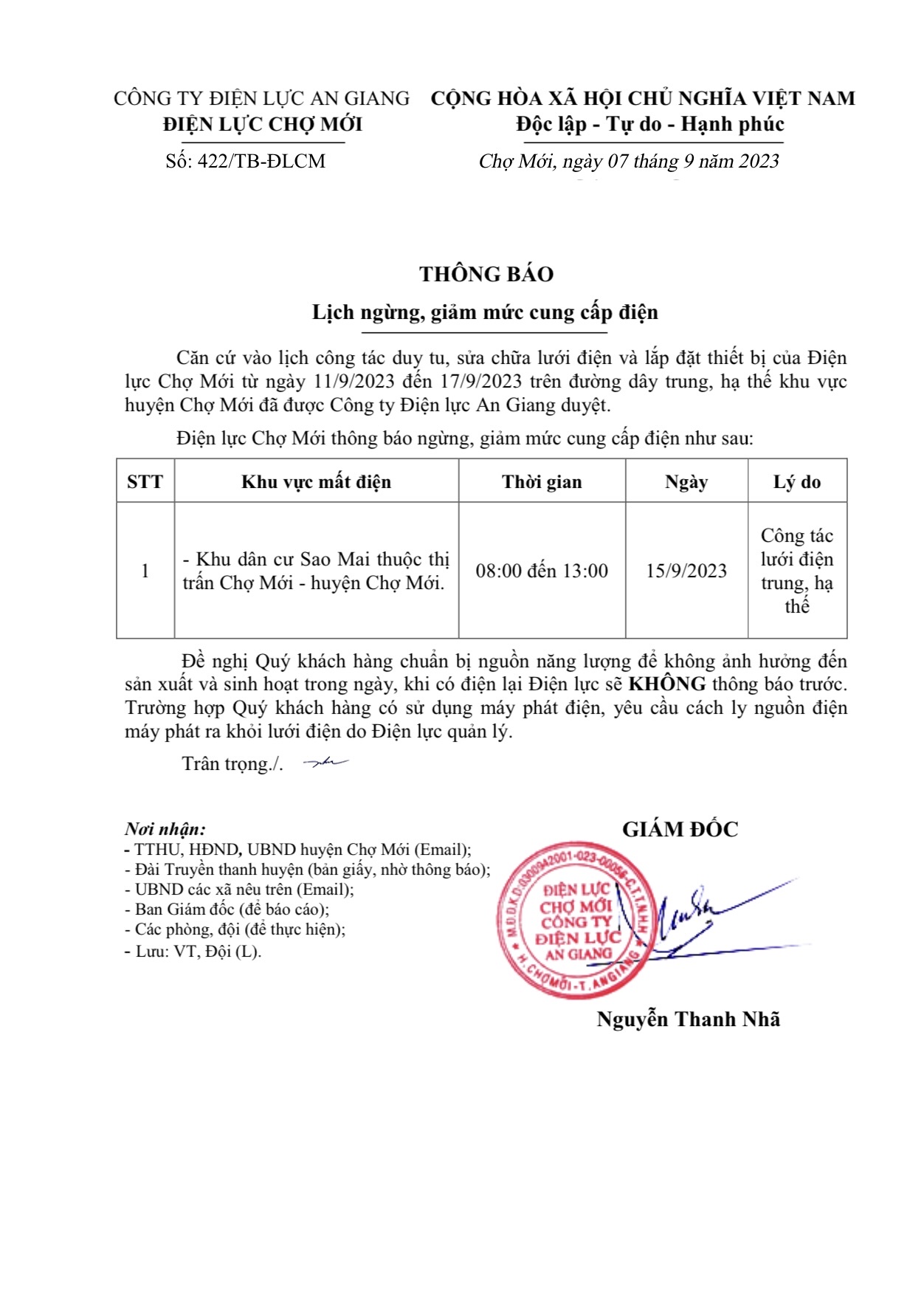 THÔNG BÁO LỊCH NGỪNG, GIẢM MỨC CUNG CẤP ĐIỆN