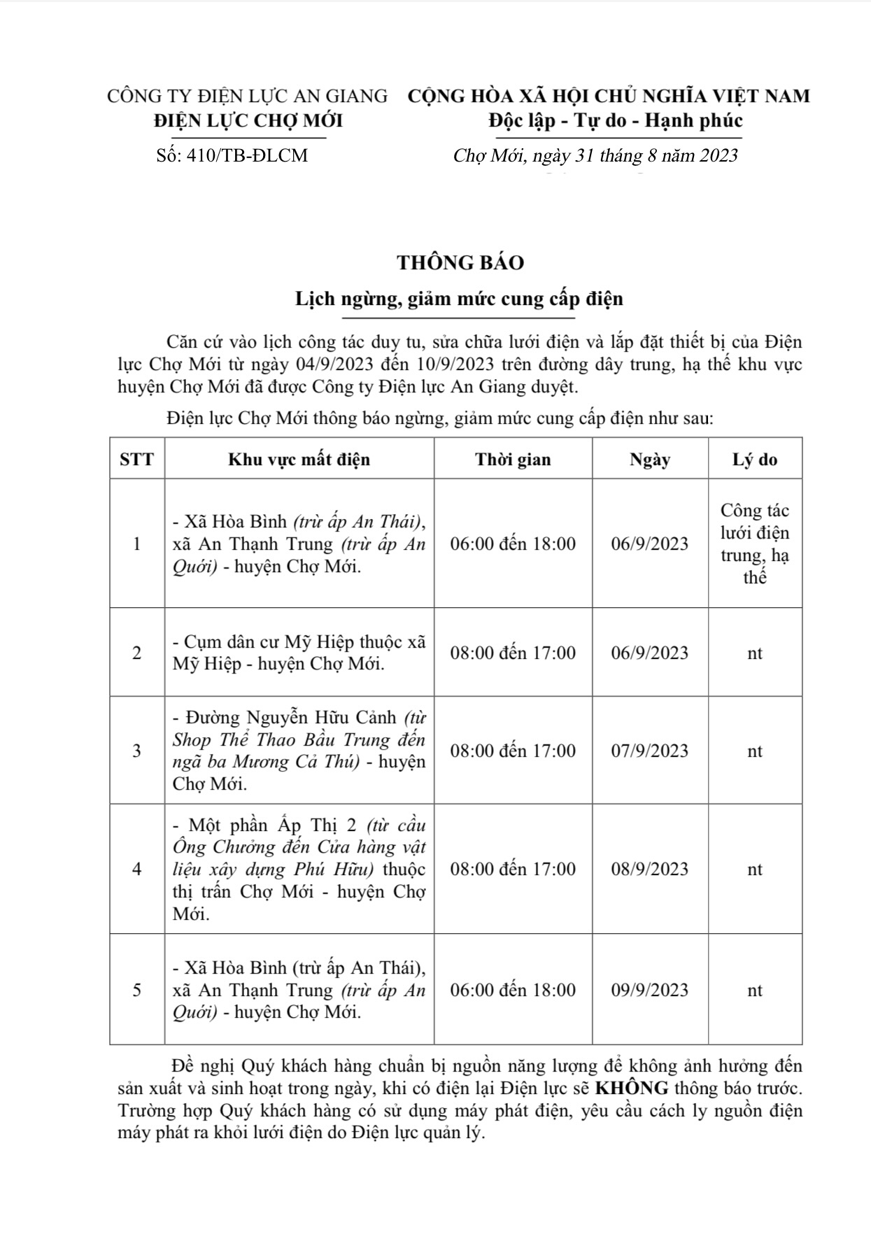 THÔNG BÁO LỊCH NGỪNG, GIẢM MỨC CUNG CẤP ĐIỆN