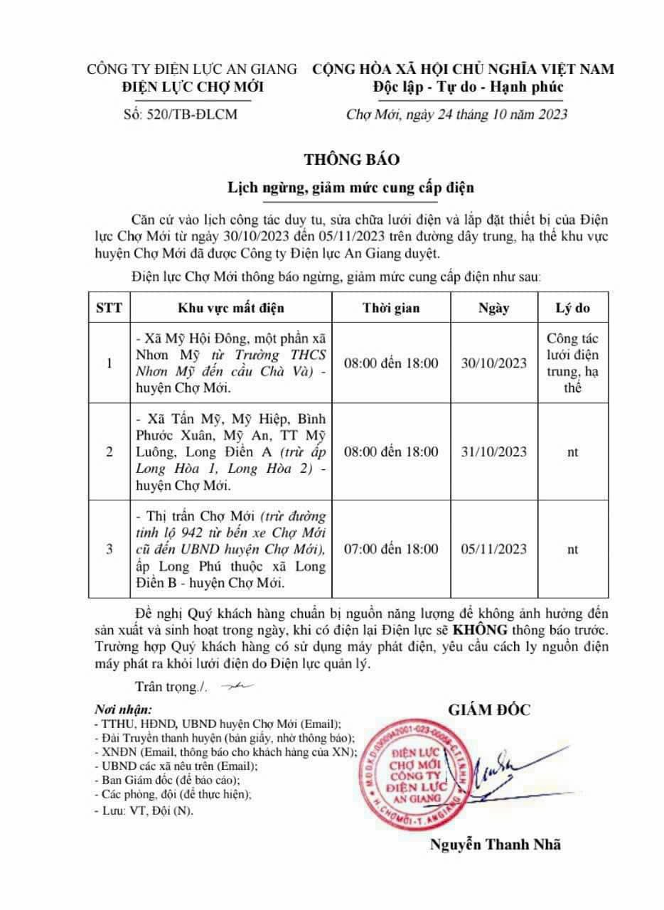 THÔNG BÁO LỊCH NGỪNG, GIẢM MỨC CUNG CẤP ĐIỆN