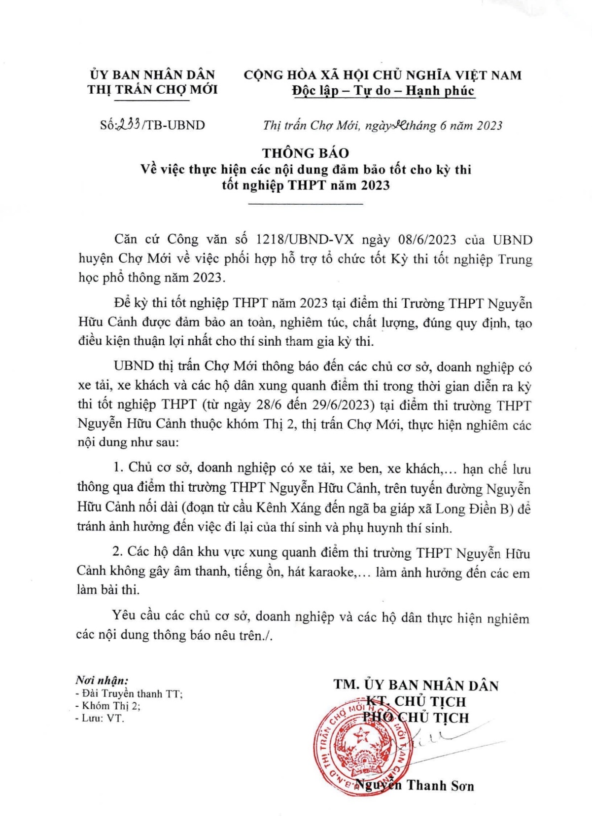 THÔNG BÁO