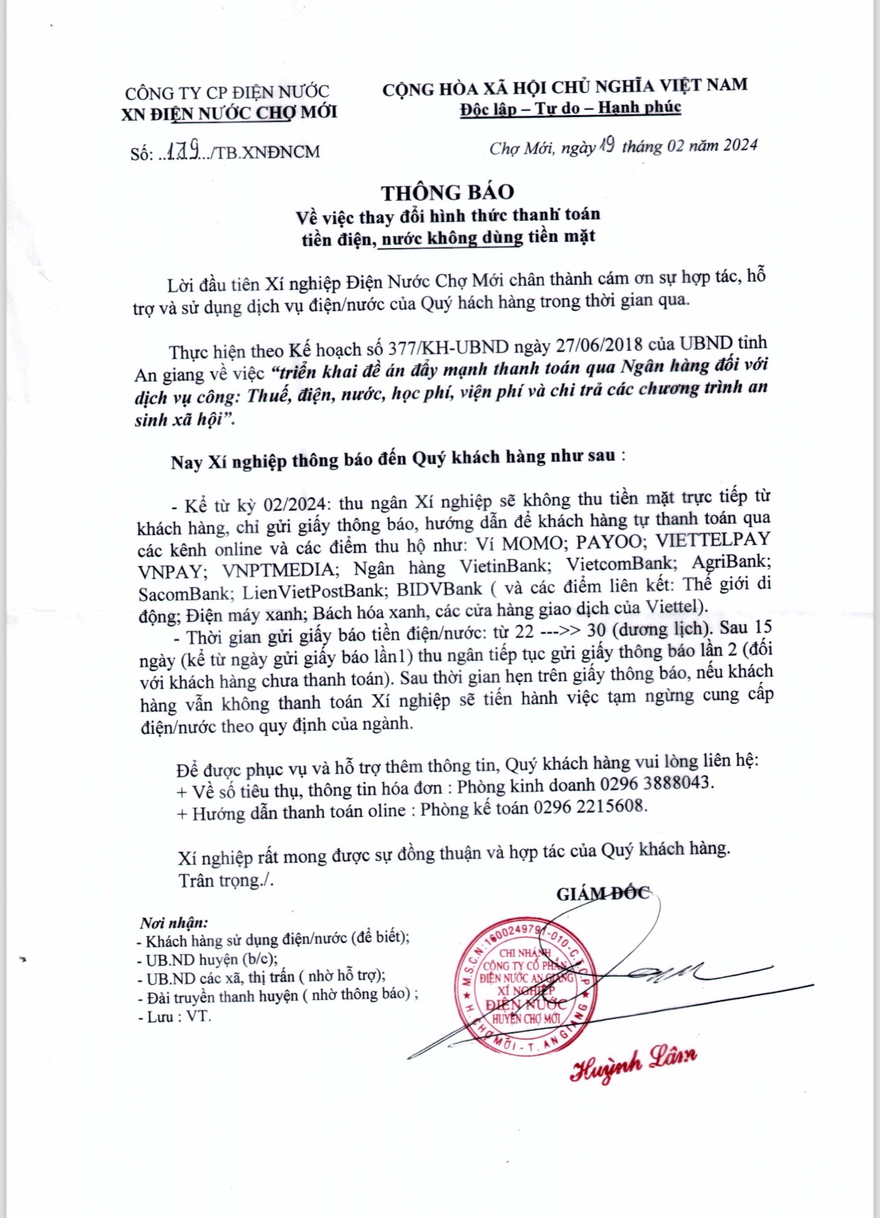 THÔNG BÁO VỀ VIỆC THAY ĐỔI HÌNH THỨC THANH TOÁN TIẾN ĐIỆN, NƯỚC KHÔNG DÙNG TIỀN MẶT