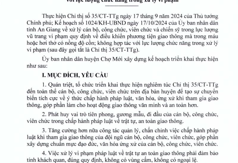 KẾ HOẠCH SỐ 2473/KH-UBND ngày 15/11/2024 CỦA UBND HUYỆN CHỢ MỚI VỀ VIỆC TRIỂN KHAI THỰC HIỆN CHỈ THỊ SỐ 35/CT-TTG NGÀY 17/9/2024 CỦA THỦ TƯỚNG CHÍNH PHỦ
