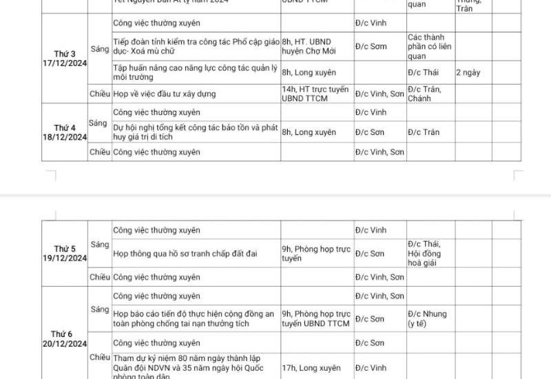 THÔNG BÁO LỊCH LÀM VIỆC TUẦN CỦA UBND THỊ TRẤN CHỢ MỚI (Từ ngày 16/12/2024 đến ngày 20/12/2024