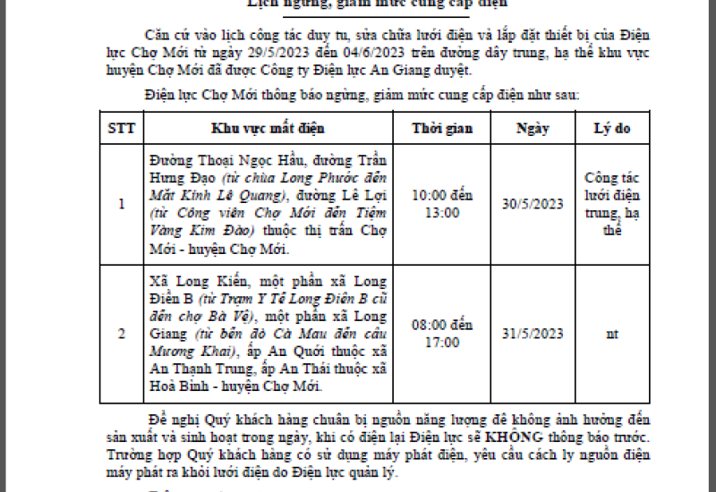 Lịch cắt điện ngày 30/5/2023