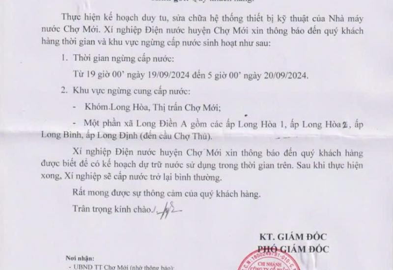 thông báo v/v ngừng cung cấp nước sinh hoạt